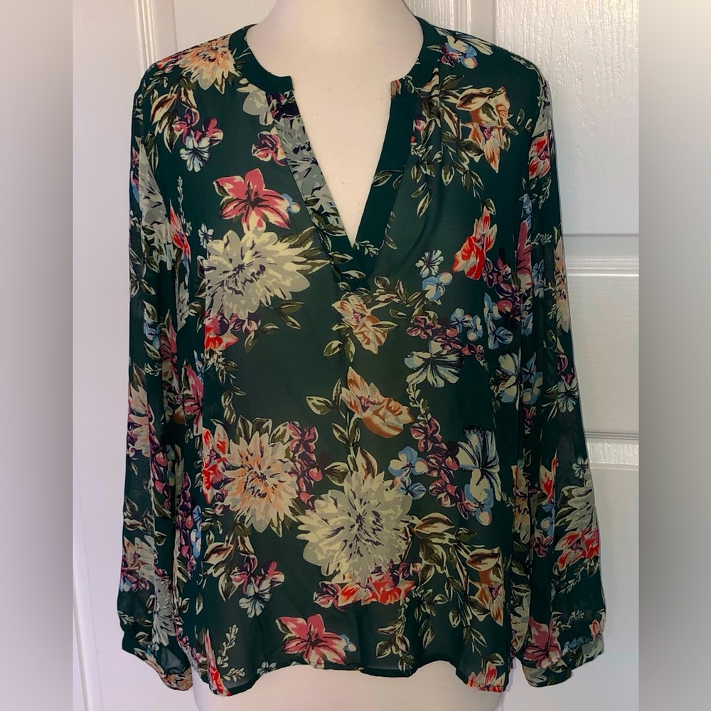 A New Day Sheer Long Sleeve Split V- Neck Blouse Top ~ Green Floral ~ Sz XL